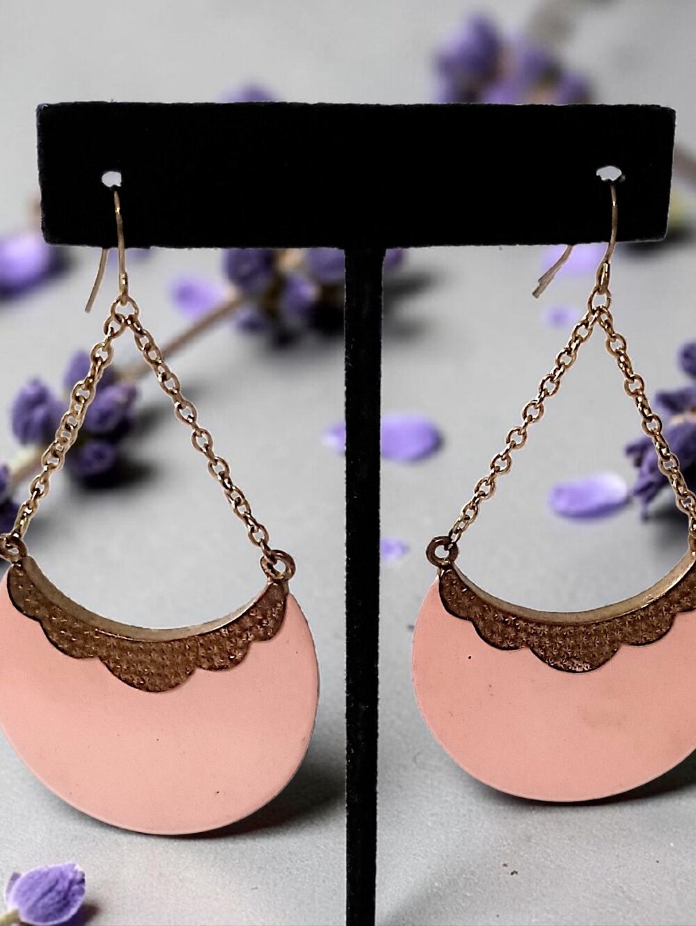 Crescent Chain Dangle Earrings Bronze Tone Blush‎ Pink Stone Eclipse Half Moon